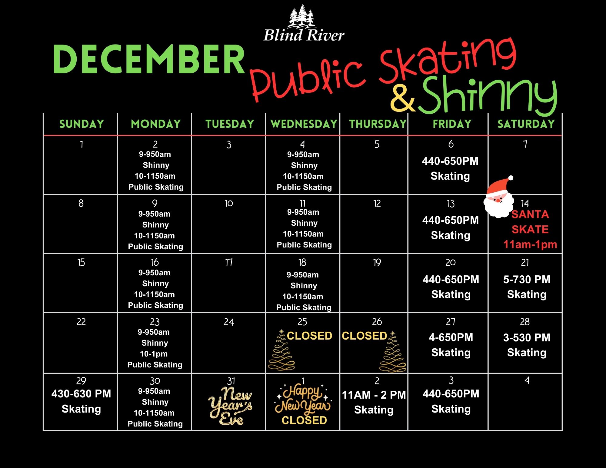 December Public Skating Calendar 2024