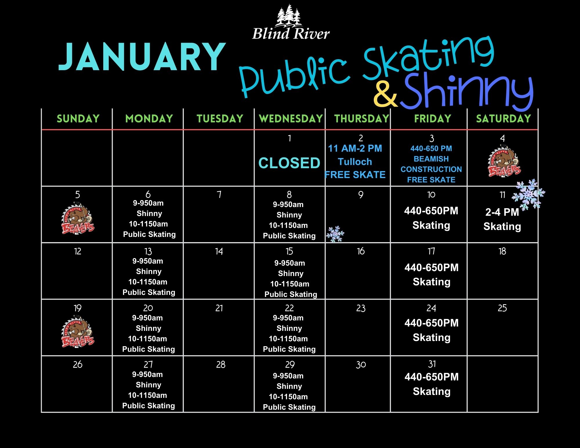 January 2025 Public Skating schedule