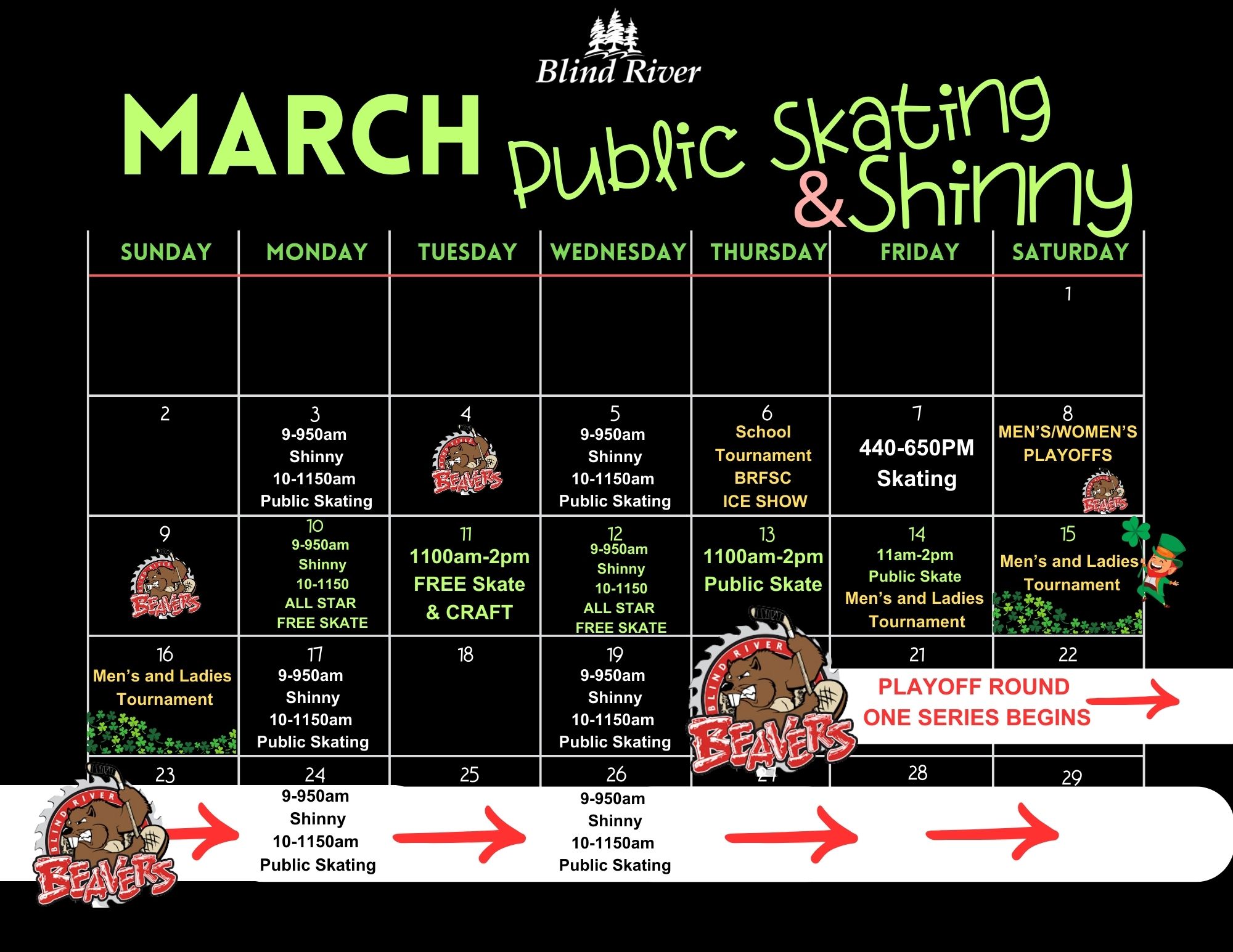 Public Skating and Shinny Calendar for March 2025