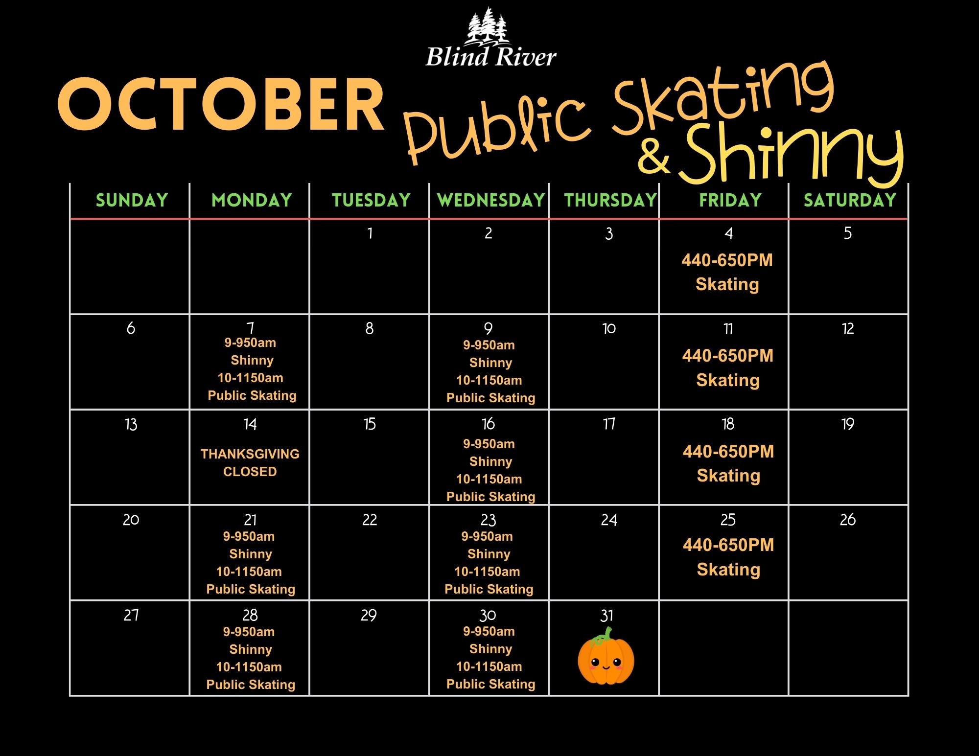 Public Skating Shinny Calendar October