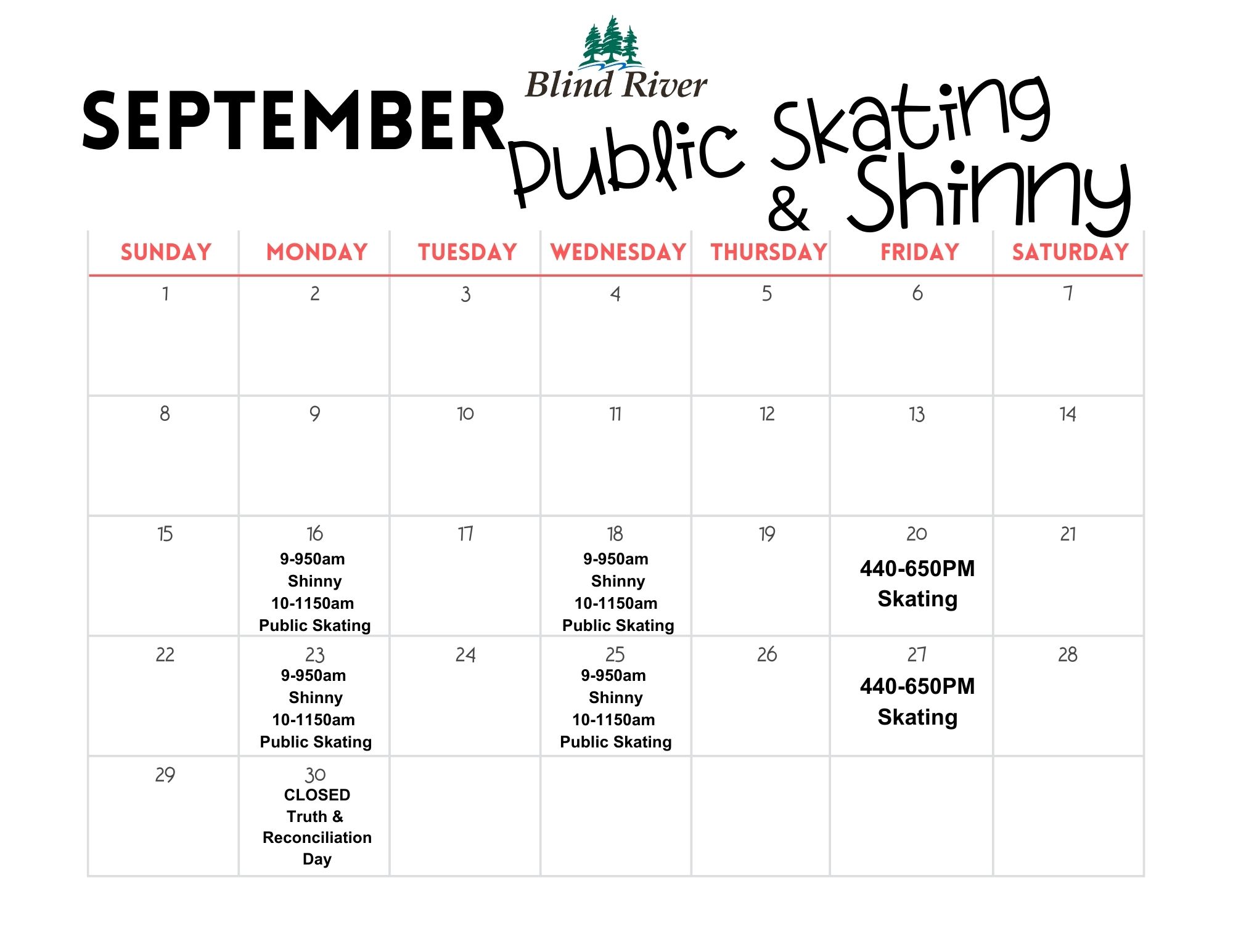 Public Skating Shinny Calendar